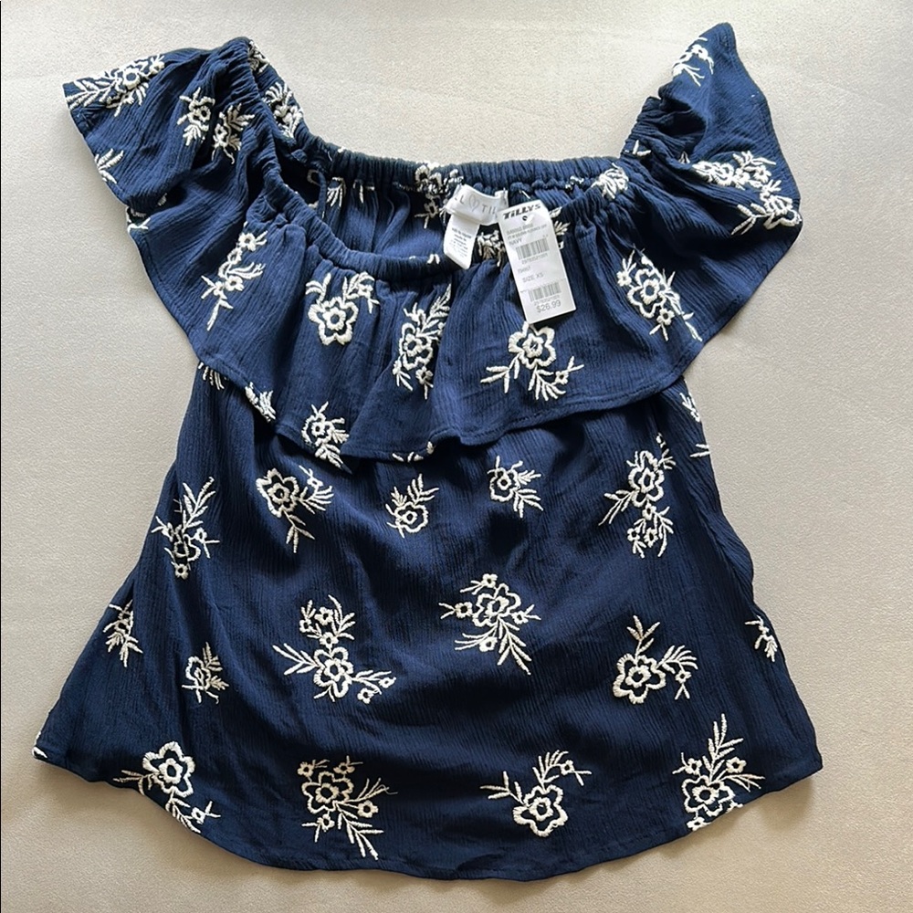TILLYS NWT Floral Off-Shoulder Navy Top